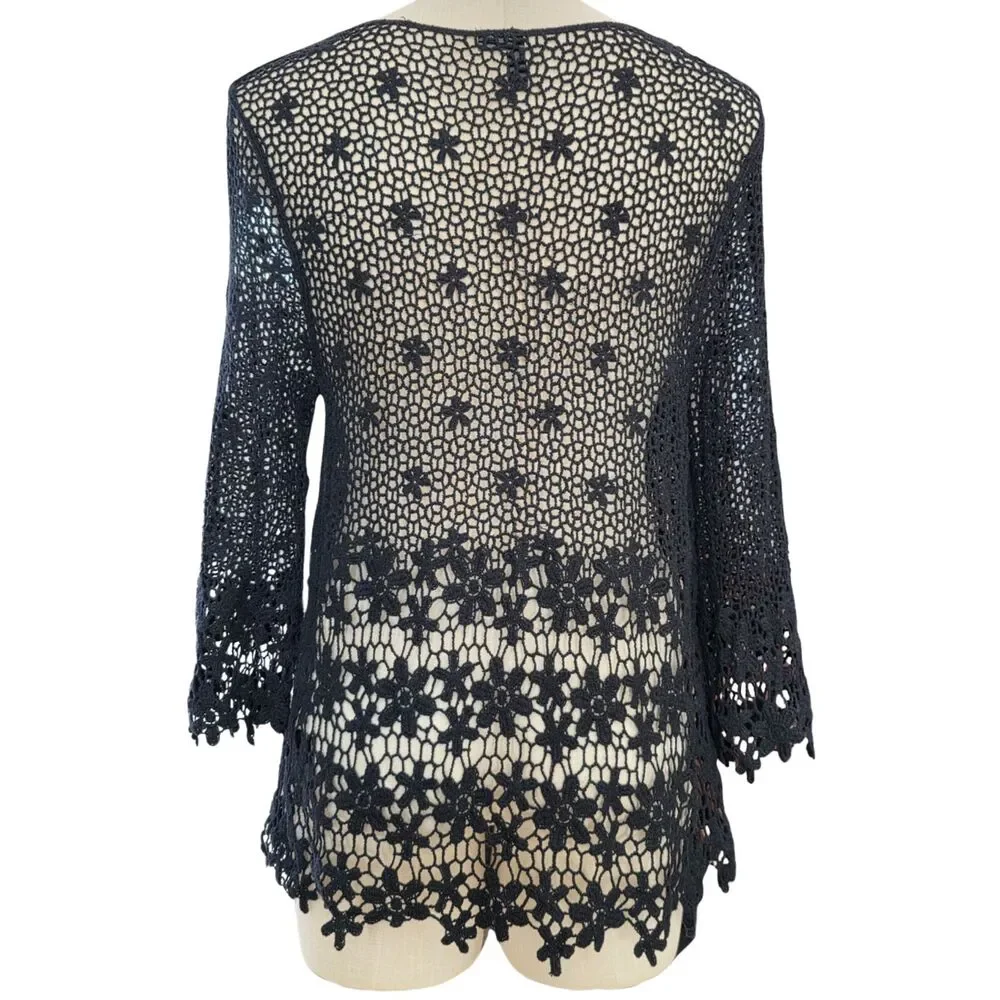 Ethyl Black Crochet Lace Floral Tunic Open Knit Boho Layering Statement Romantic - Picture 3 of 7